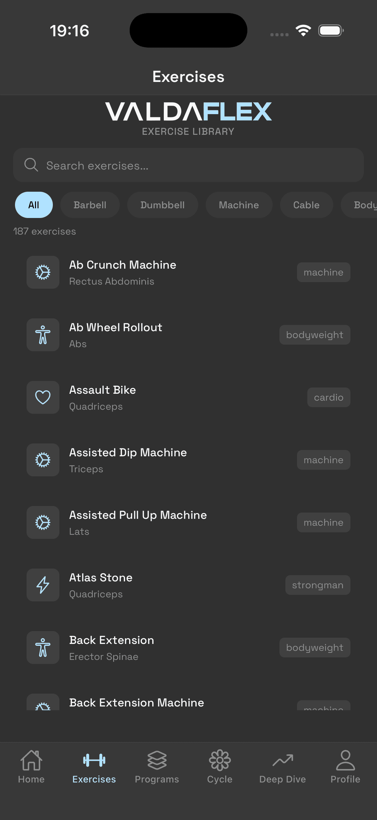 Exercise library with 180+ movements