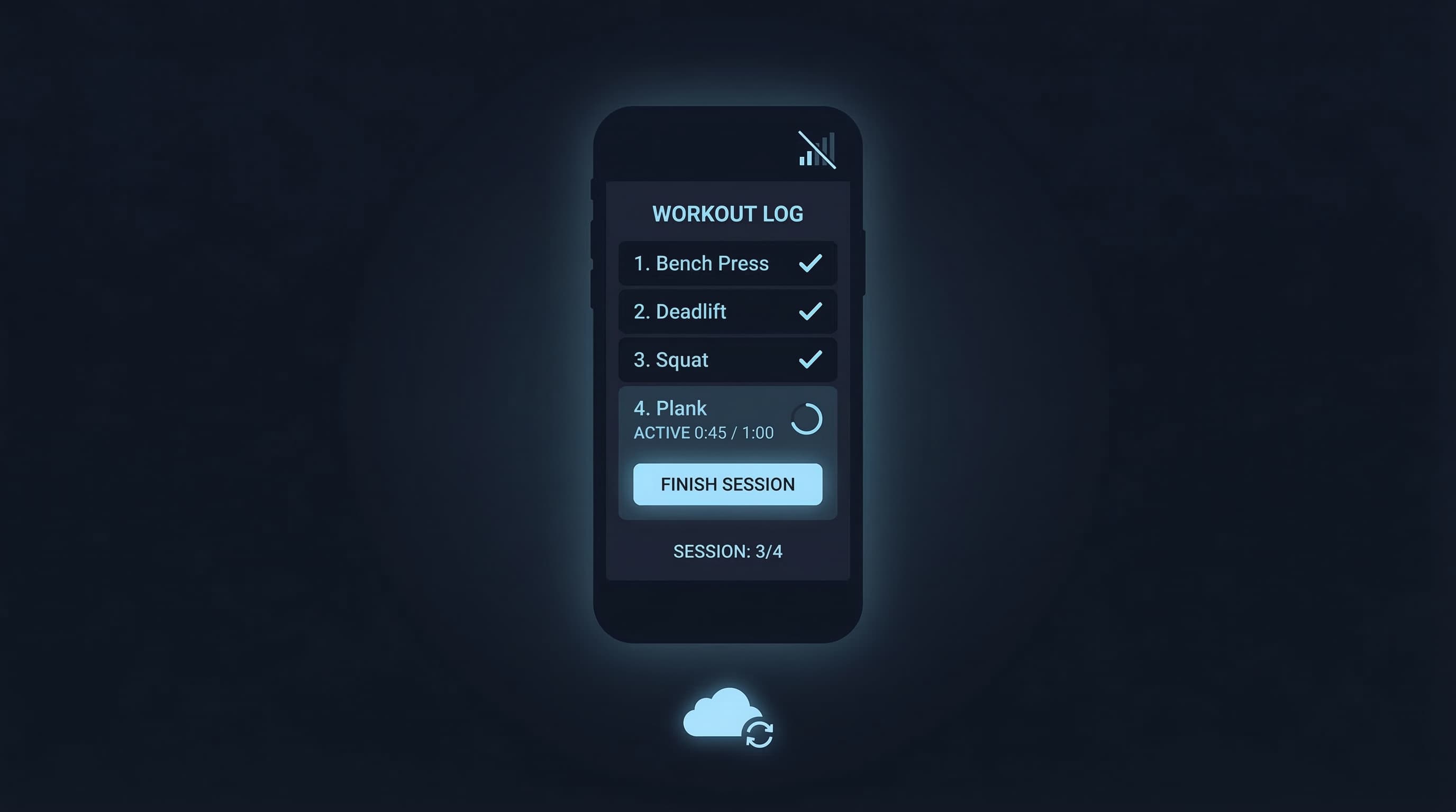 Phone logging a workout offline with cloud sync icon